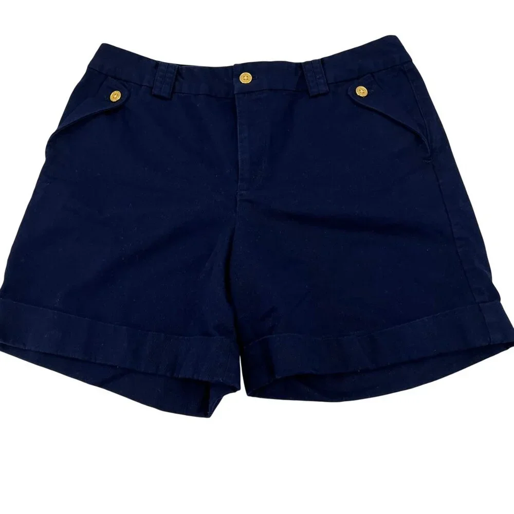 Lauren Ralph Lauren Navy Blue Cotton Women's Shorts Size 14 With Gold Button‎